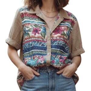 Vintage 90s Brown Floral Striped Short Sleeve Collared Button Down Shirt size M